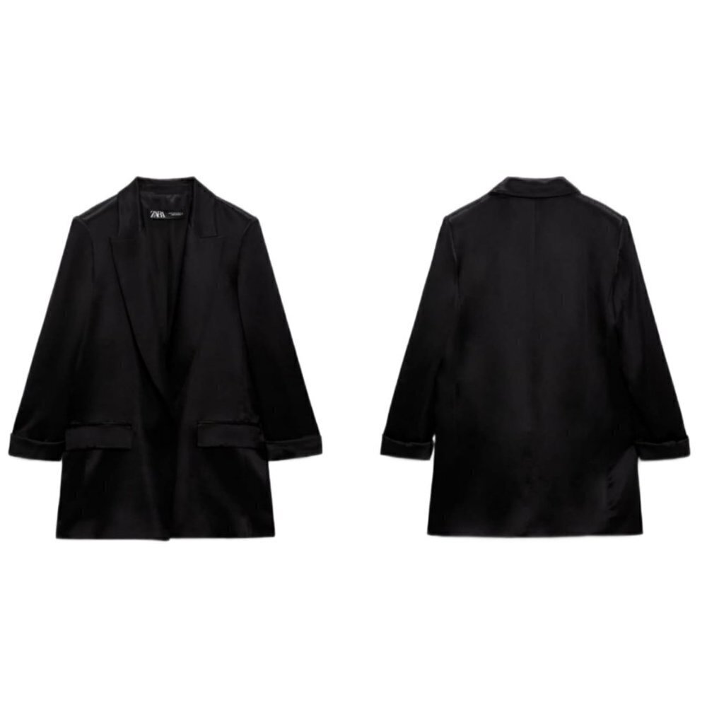 ZARA TURNED-UP CUFF SATIN EFFECT BLAZER BLACK | 3438/791 SIZE S